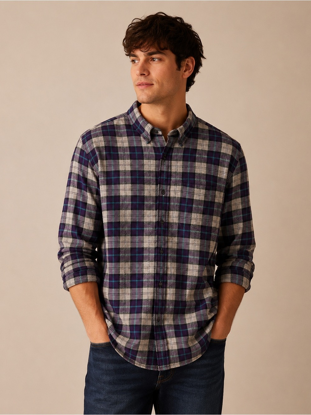 American Eagle Grunge Plaid Flannel Shirt Purple Gray Cotton XL Lumberjack